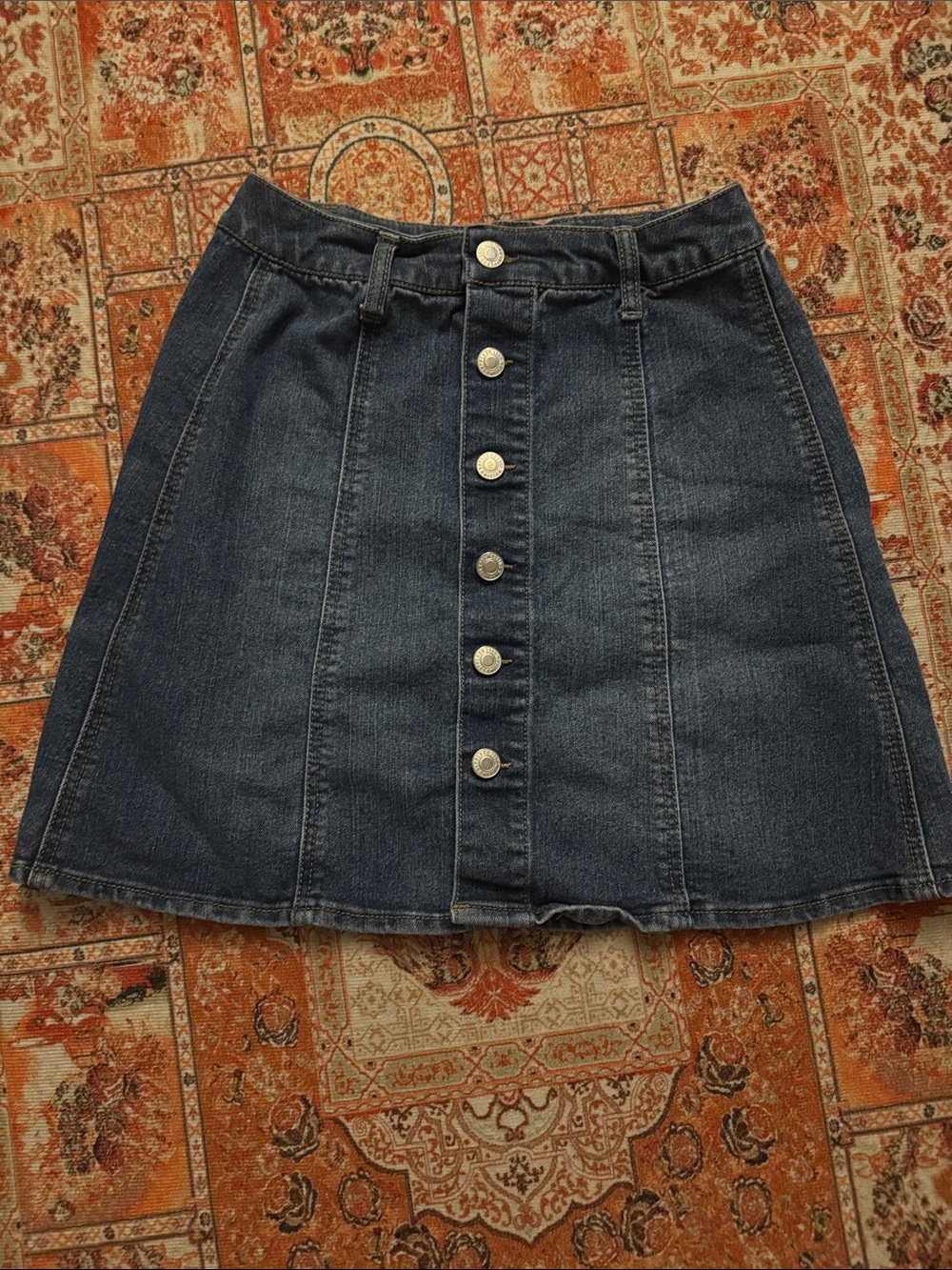 Button-Front Dark Blue Denim A-Line Skirt